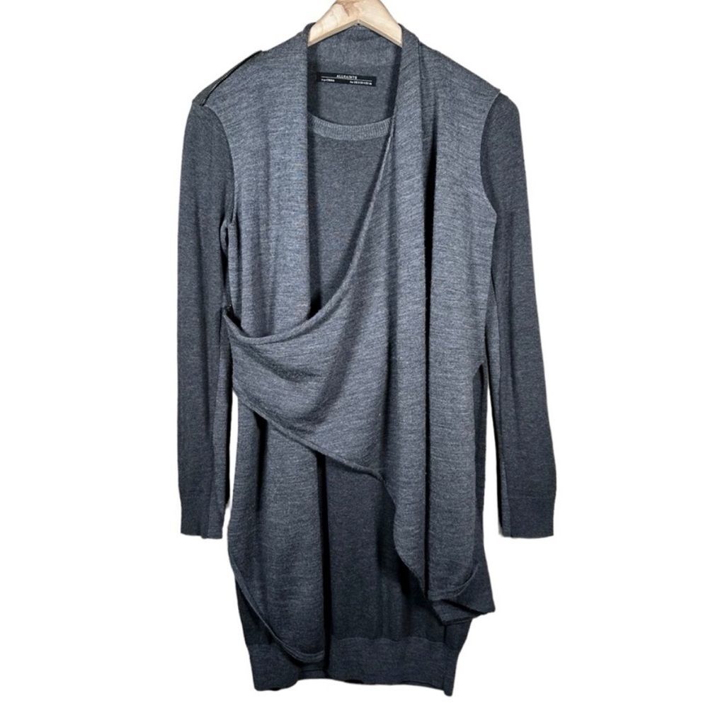 ALLSAINTS Drina Draped Layer Merino Wool Sweater Dress in Charcoal Gray 8 - Picture 2 of 9